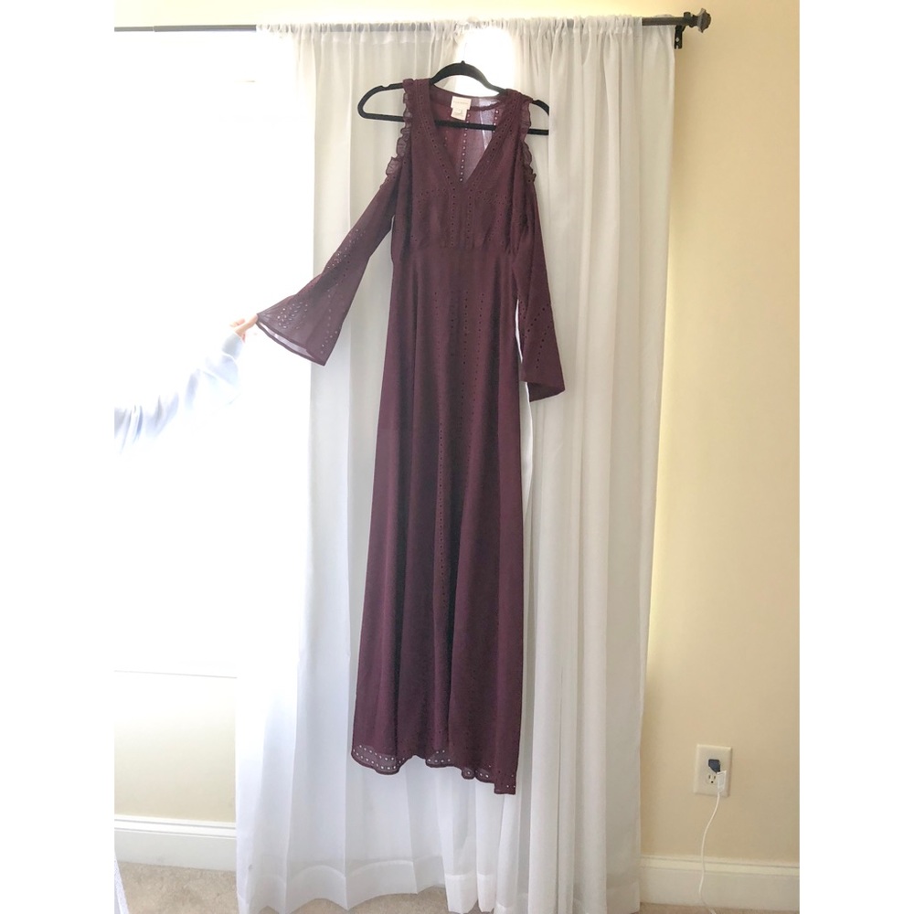 Open Shoulder Burgundy Maxi Dress